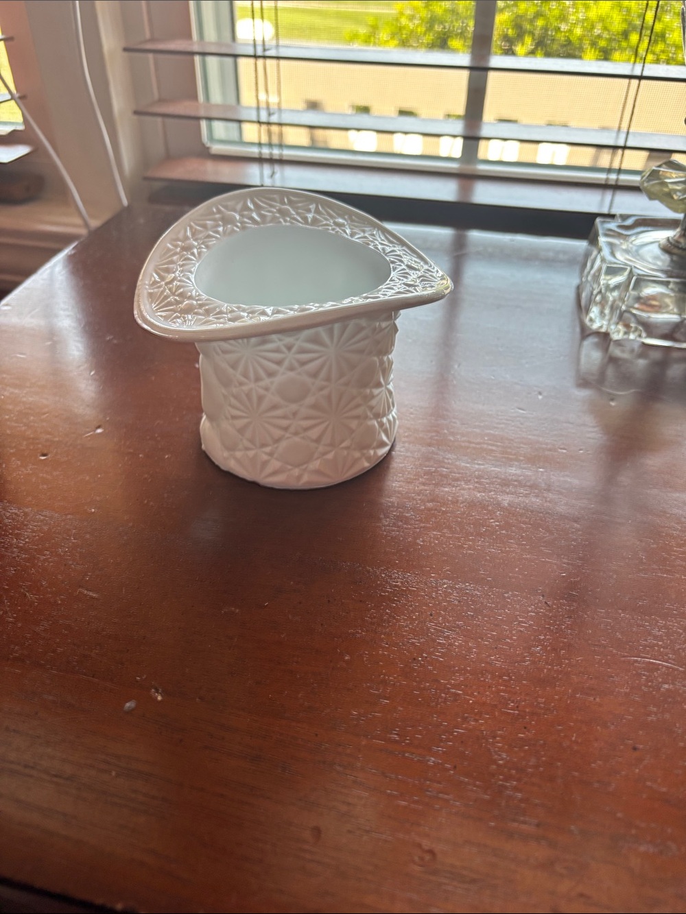 Source Unknown White Ceramic Toothpick Holder with Geometric Relief